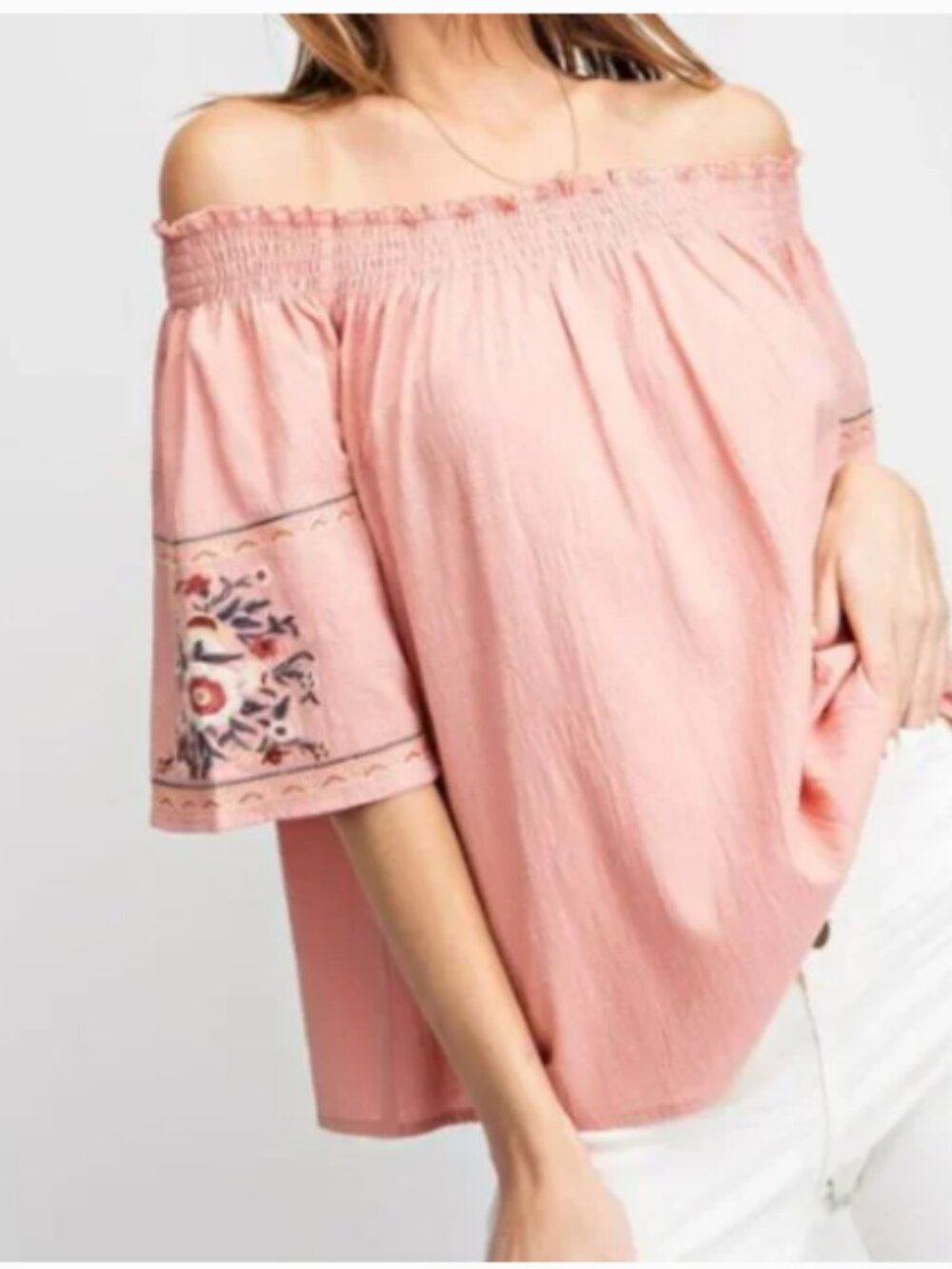 Easel NWT Embroidered Boho Peasant Top Off Shoulder Mauve Pink M
